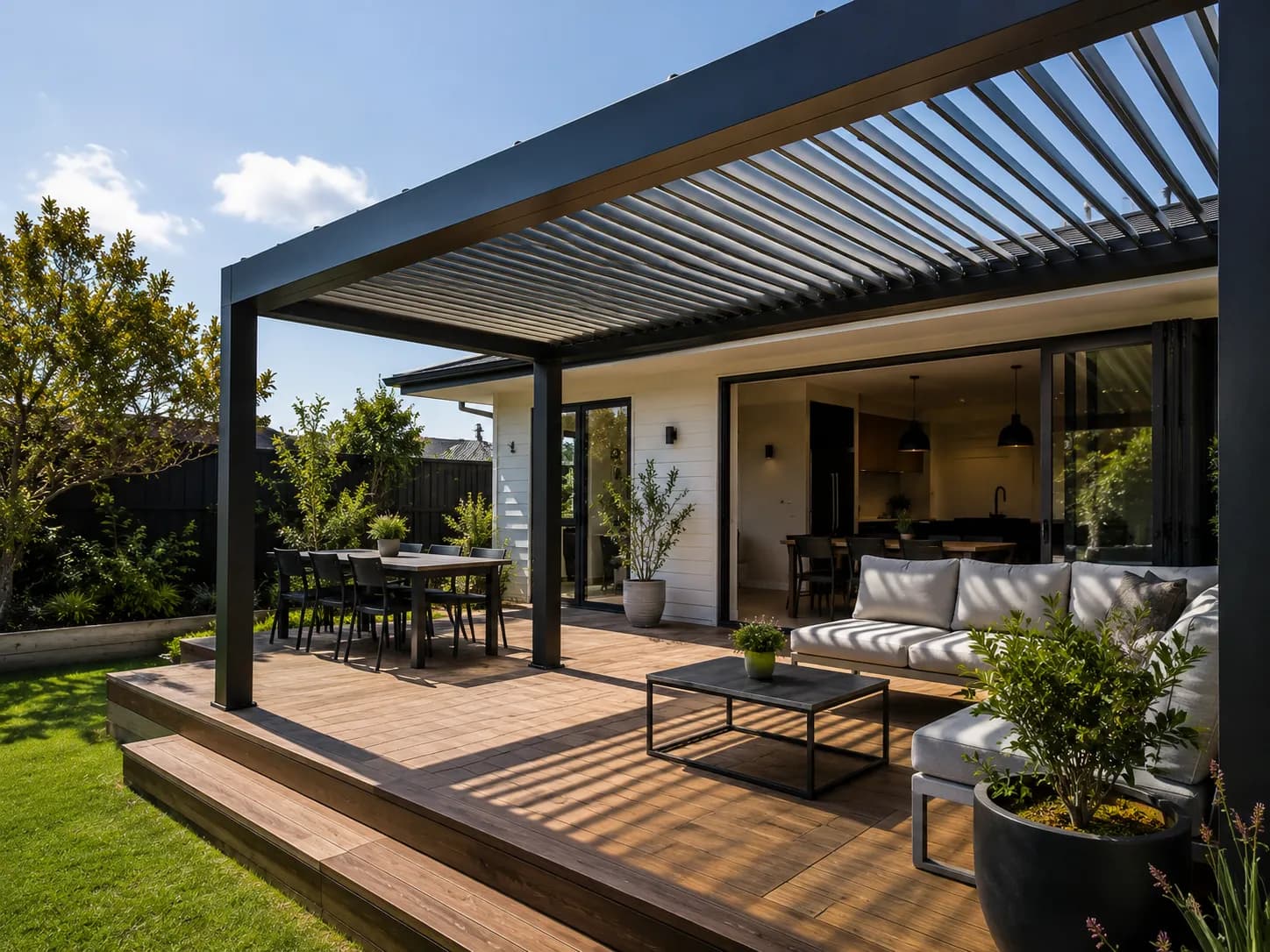 A Finer Builds pergola over a covered outdoor living area.