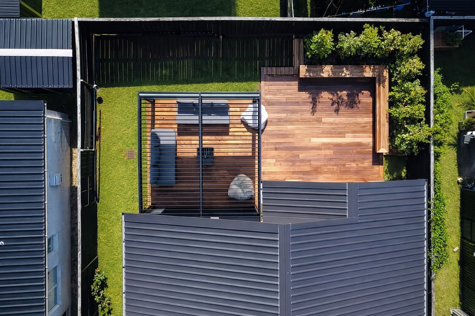 Aerial view of a Finer Builds timber deck.